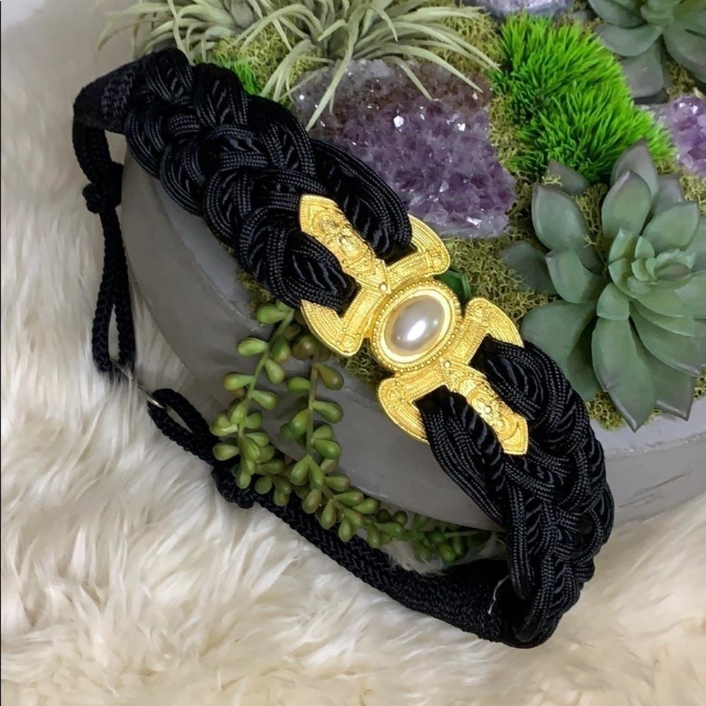 Vintage 80s Black Rope Gold Buckle Faux Pearl waist belt hook loop closure women